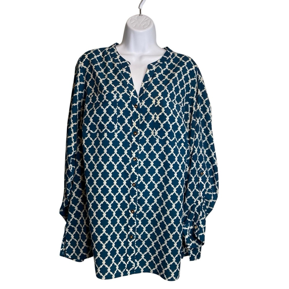 Macy's Charter Club Women's Teal Moroccan Button Front Tunic Blouse Size 1X Boho